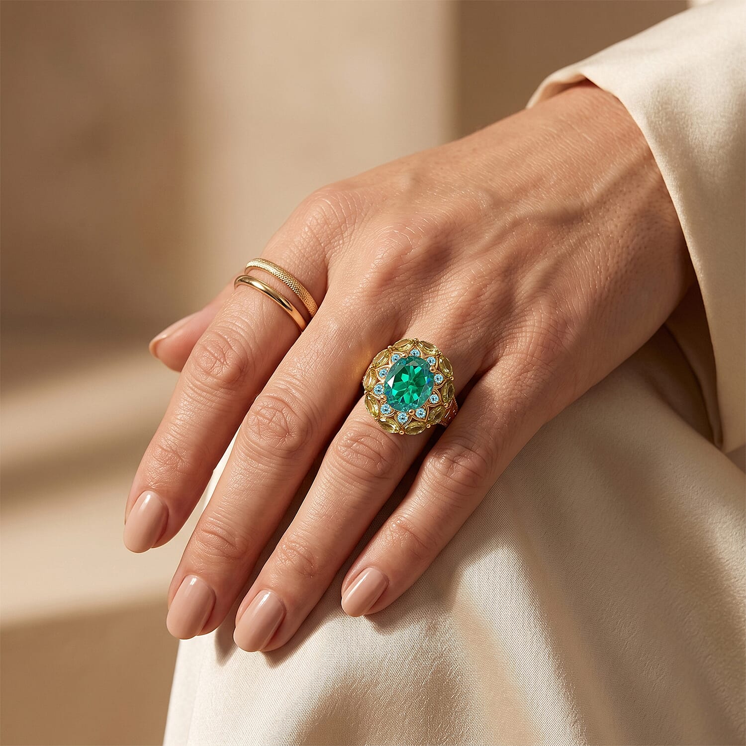 EverTrue Peacock Quartz (Triplet) and Multi Gemstone 7.00 ctw Royal Peacock Petal Ring in 18K YG Plated (Size 6.0)
