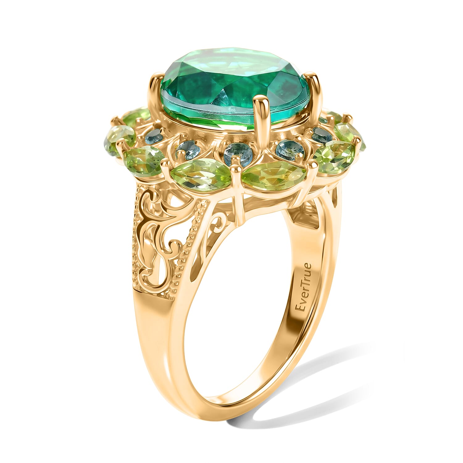 EverTrue Peacock Quartz (Triplet) and Multi Gemstone 7.00 ctw Royal Peacock Petal Ring in 18K YG Plated (Size 6.0)