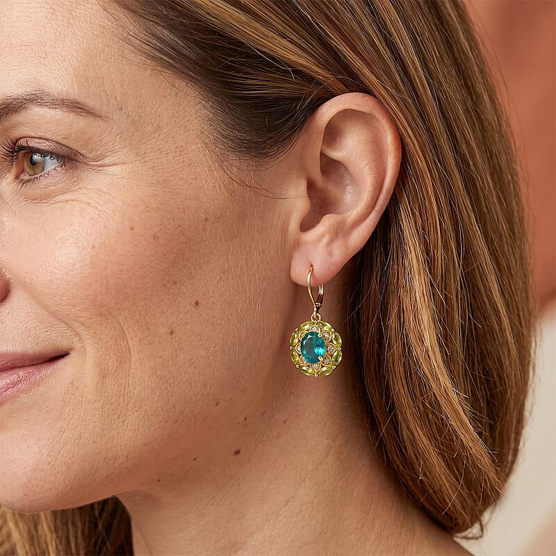 EverTrue Peacock Quartz (Triplet) and Multi Gemstone 7.10 ctw Royal Peacock Petal Earring in 18K YG Plated