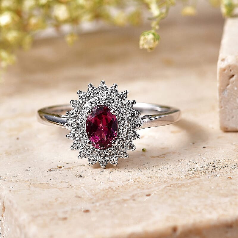 Certified & Appraised D'Joy Premium Radiant Ember Garnet,Moissanite Ring in Rhodium Over Sterling Silver (Size 5.5) 1.30 ctw