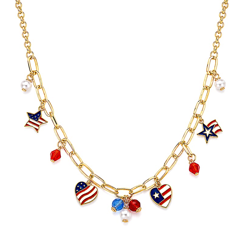 Red Austrian Crystal and Multi Pearl Glass, Enameled USA Independence Day inspired Charm Necklace (20-22 Inches) in Goldtone