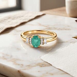 D'Joy Premium Kagem Zambian Emerald and Moissanite 0.65 ctw Ring in 18K Vermeil Yellow Gold Over Sterling Silver (Size 5.5)