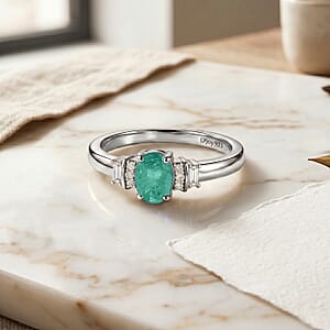 D'Joy Premium Kagem Zambian Emerald and Moissanite 0.65 ctw Ring in Rhodium Over Sterling Silver (Size 8.5)