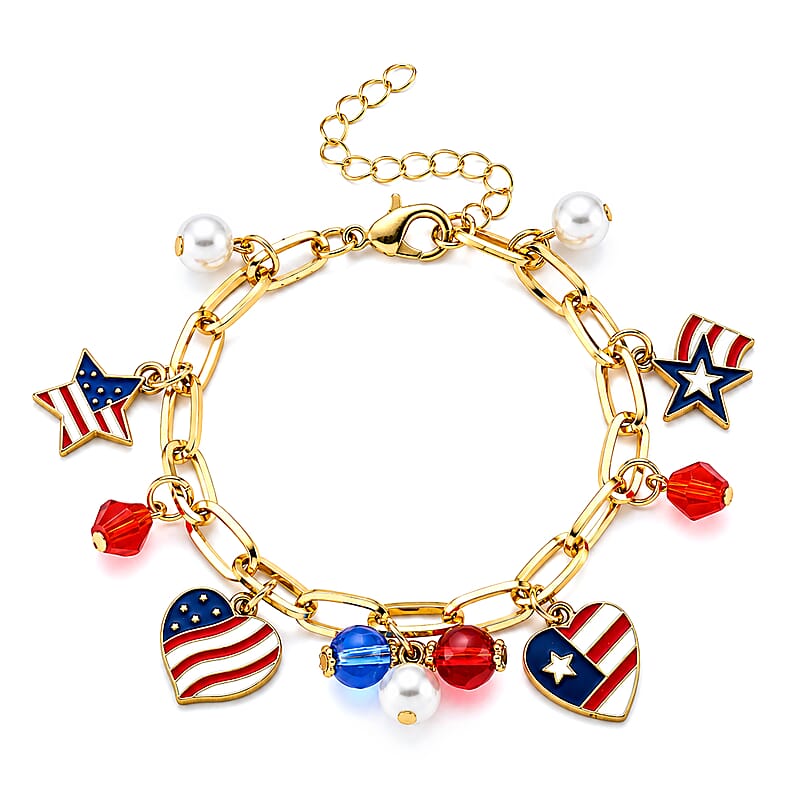 Red Austrian Crystal and Multi Pearl Glass, Enameled USA Independence Day inspired Charm Bracelet in Silvertone (7.5-9.5In)