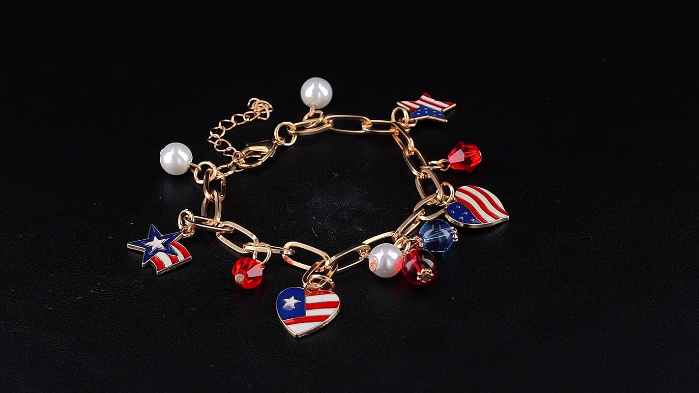 Red Austrian Crystal and Multi Pearl Glass, Enameled USA Independence Day inspired Charm Bracelet in Silvertone (7.5-9.5In)