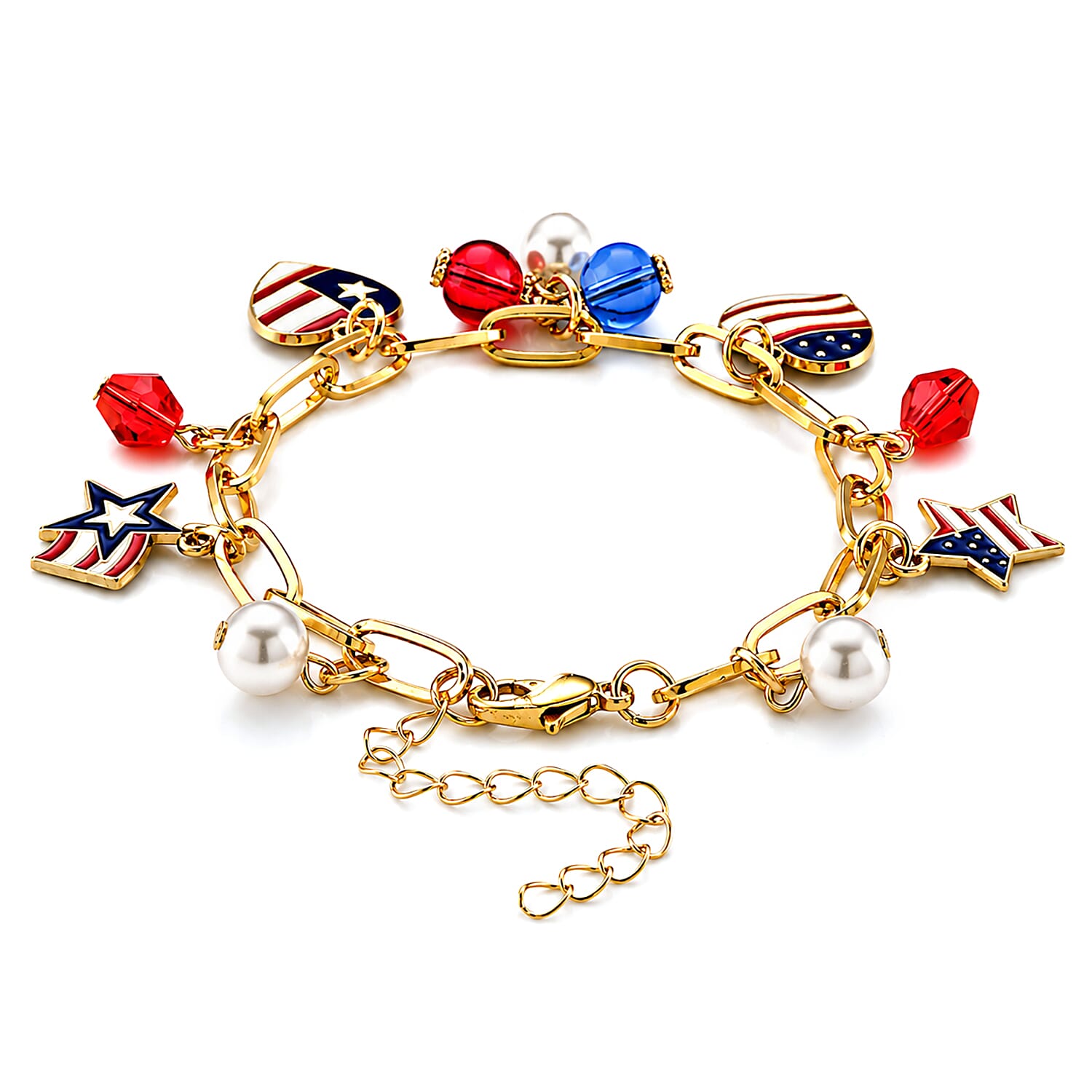 Red Austrian Crystal and Multi Pearl Glass, Enameled USA Independence Day inspired Charm Bracelet in Silvertone (7.5-9.5In)
