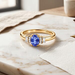 D'Joy Premium Tanzanite and Moissanite 0.60 ctw Ring in 18K Vermeil Yellow Gold Over Sterling Silver (Size 7.5)
