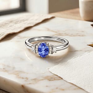 D'Joy Premium Tanzanite and Moissanite 0.60 ctw Ring in Rhodium Over Sterling Silver (Size 4.5)