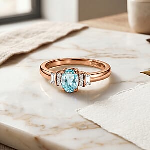 D'Joy Premium Cambodian Blue Zircon and Moissanite 0.85 ctw Ring in 18K Vermeil Rose Gold Over Sterling Silver (Size 9.5)