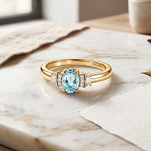 D'Joy Premium Cambodian Blue Zircon and Moissanite 0.85 ctw Ring in 18K Vermeil Yellow Gold Over Sterling Silver (Size 4.0)
