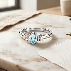 D'Joy Premium Cambodian Blue Zircon and Moissanite 0.85 ctw Ring in Rhodium Over Sterling Silver (Size 10.0)