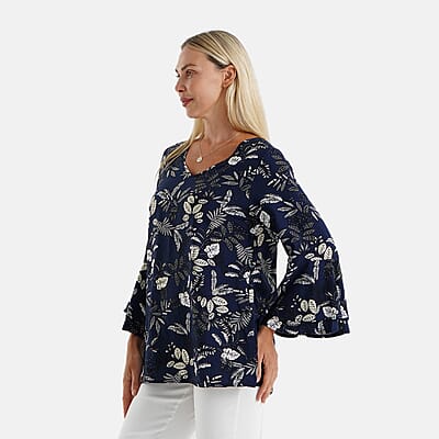 La Marey Blue Round Neck Printed Blouse-One Size Fits Most