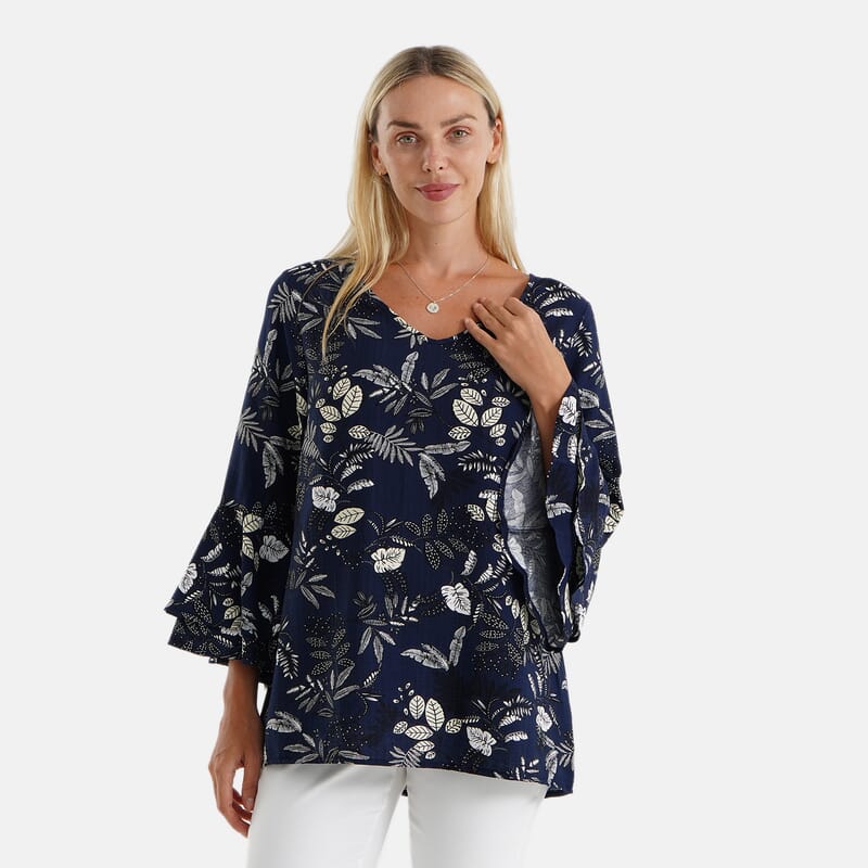 La Marey Blue Round Neck Printed Blouse-One Size Fits Most