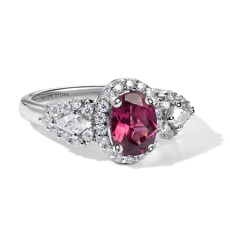 D'Joy Premium Usambara Color Change Garnet and Moissanite 2.27 ctw Ring in Rhodium Over Sterling Silver (Size 6.0)