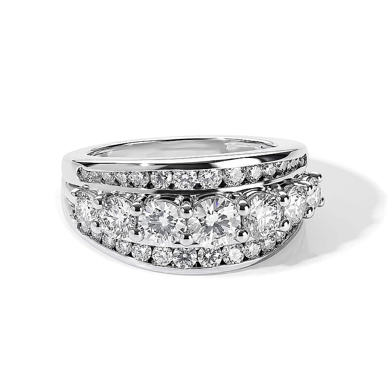 D'Joy Moissanite 1.75 ctw 3 Row Ring in Rhodium Over Sterling Silver (Size 9.0)