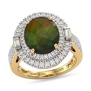 D'Joy AAA Canadian Ammolite, Moissanite Rainbow Flame Ring in 18K Vermeil YG Over Sterling Silver (Size 10.0) 4.65 ctw