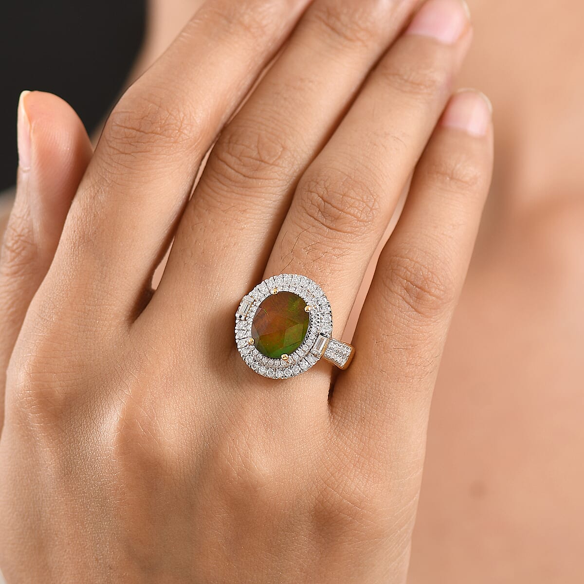 D'Joy AAA Canadian Ammolite and Moissanite 4.65 ctw Rainbow Flame Ring in 18K Vermeil Yellow Gold Over Sterling Silver (Size 6.0) image number 2