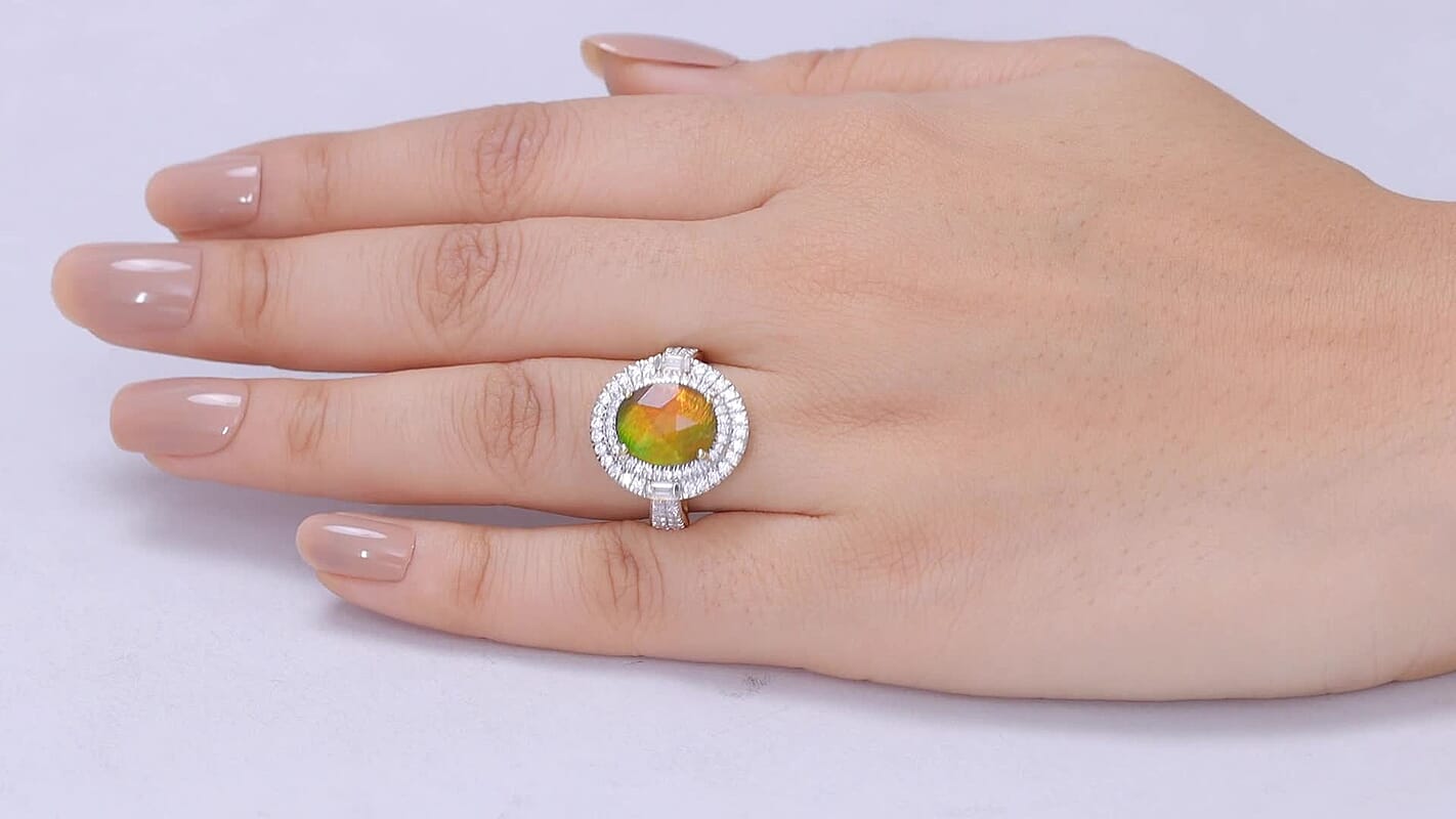 D'Joy AAA Canadian Ammolite, Moissanite Rainbow Flame Ring in 18K Vermeil YG Over Sterling Silver (Size 10.0) 4.65 ctw