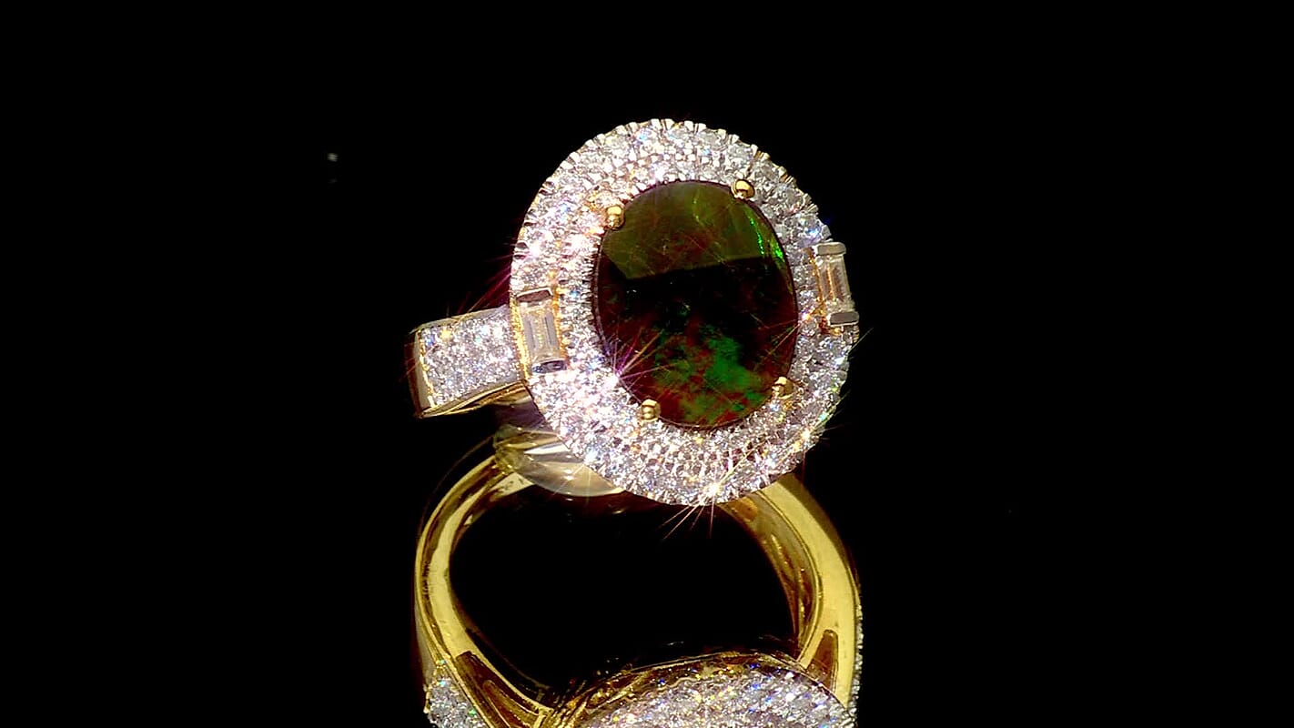D'Joy AAA Canadian Ammolite, Moissanite Rainbow Flame Ring in 18K Vermeil YG Over Sterling Silver (Size 10.0) 4.65 ctw
