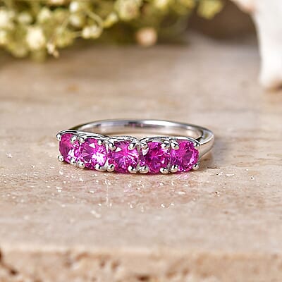 D'Joy Lab Created Pink Sapphire 1.75 ctw 5 Stone Ring in Platinum Over Sterling Silver (Size 9.0)