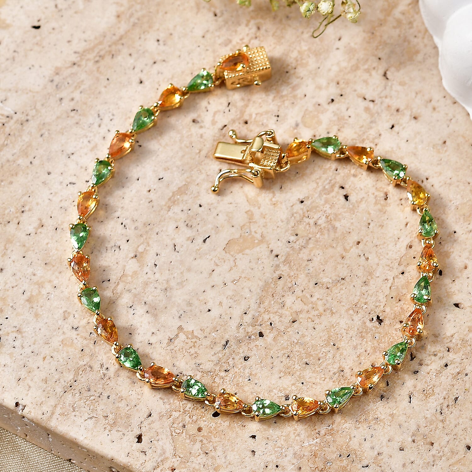 D'Joy Premium Tsavorite Garnet and Yellow Sapphire 6.90 ctw Majestic Leaf Line Bracelet in 18K Vermeil Yellow Gold Over Sterling Silver (6.50 In)
