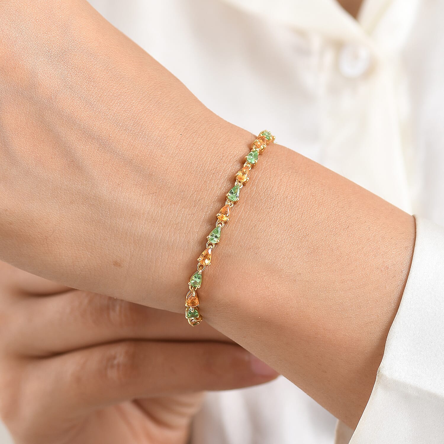 D'Joy Premium Tsavorite Garnet and Yellow Sapphire 6.90 ctw Majestic Leaf Line Bracelet in 18K Vermeil Yellow Gold Over Sterling Silver (6.50 In)