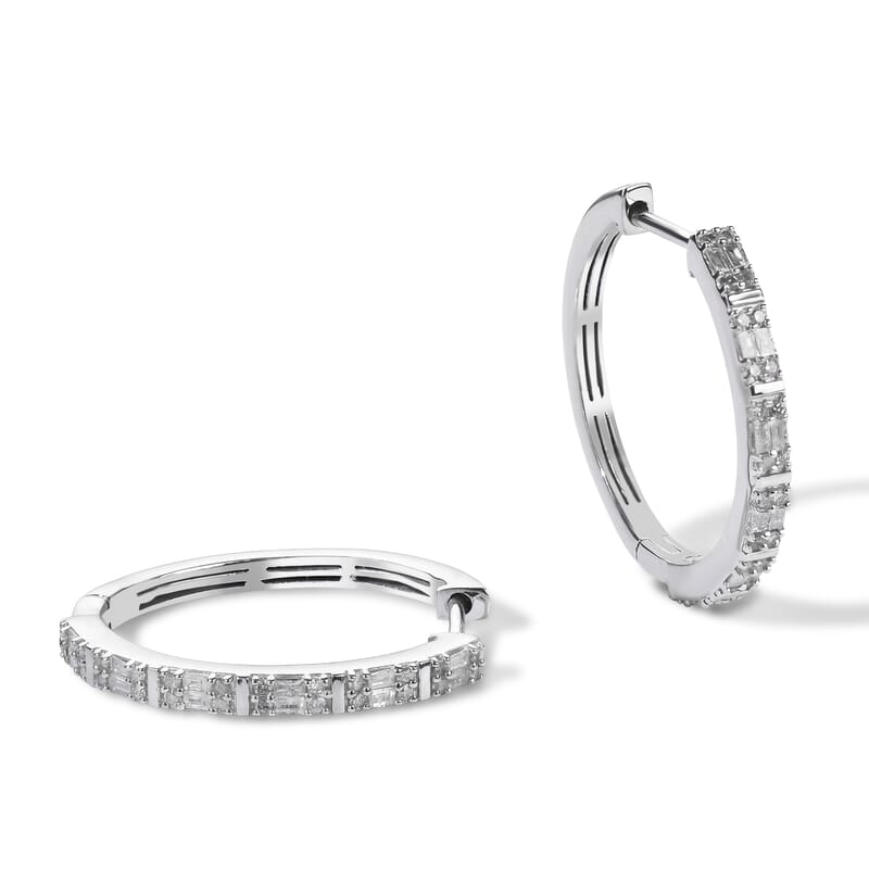 D'Joy Diamond 0.50 ctw Deco Radiance Hoop Earrings in Rhodium Over Sterling Silver