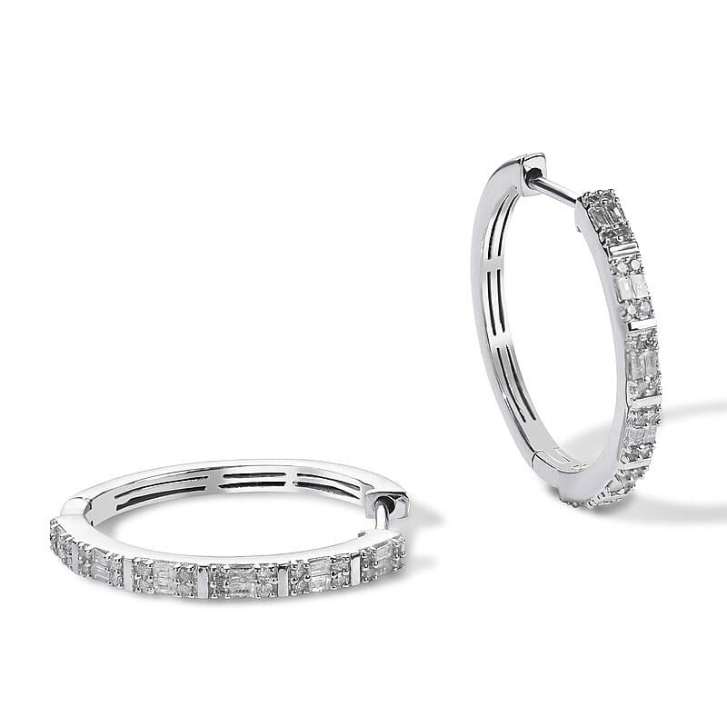 D'Joy Diamond 0.50 ctw Deco Radiance Hoop Earrings in Rhodium Over Sterling Silver