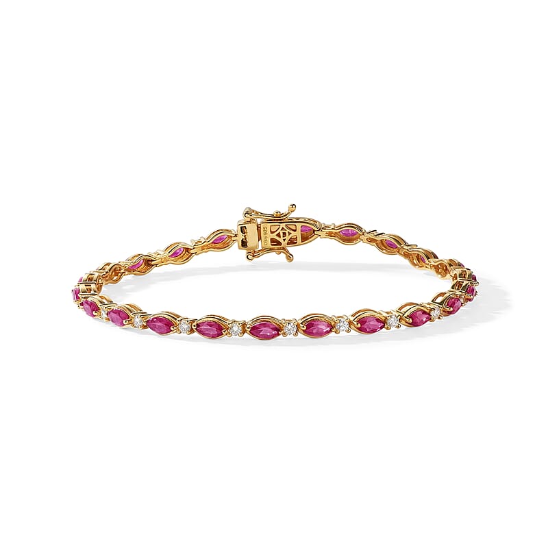 D'Joy Premium Montepuez Ruby and Moissanite 4.40 ctw Blossom Tennis Bracelet in 18K Vermeil Yellow Gold Over Sterling Silver (6.50 In)
