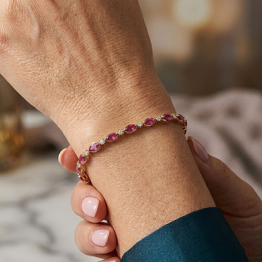 D'Joy Premium Montepuez Ruby and Moissanite 4.40 ctw Blossom Tennis Bracelet in 18K Vermeil Yellow Gold Over Sterling Silver (6.50 In)