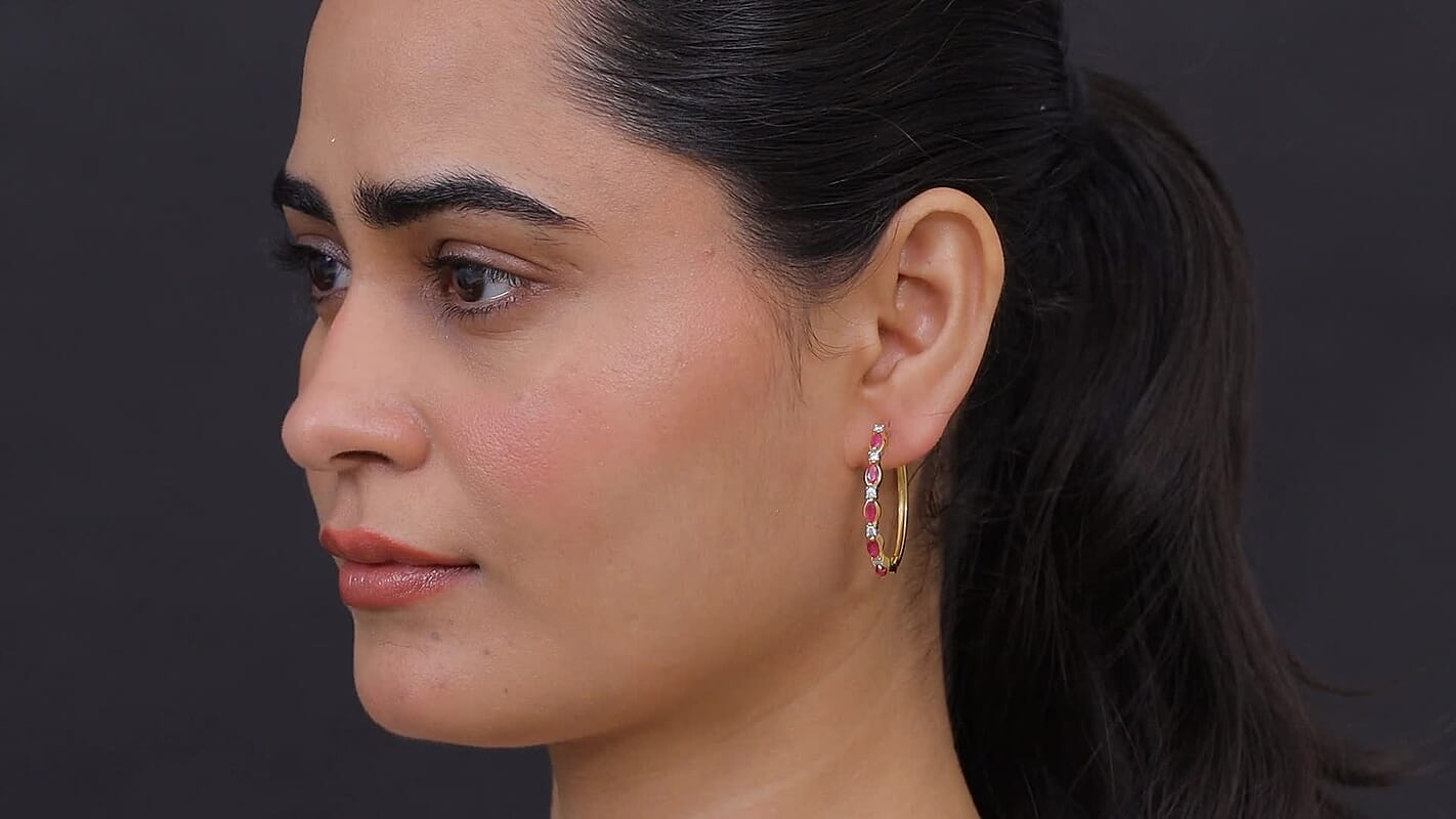D'Joy Premium Montepuez Ruby, Moissanite Hoop Earrings in 18K Vermeil YG Over Sterling Silver 2.35 ctw