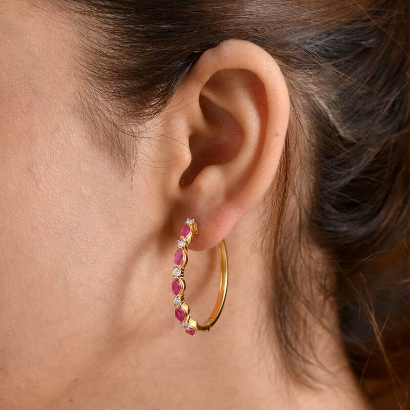 Doorbuster D'Joy Premium Montepuez Ruby and Moissanite 2.35 ctw Blossom Hoop Earrings in 18K Vermeil Yellow Gold Over Sterling Silver