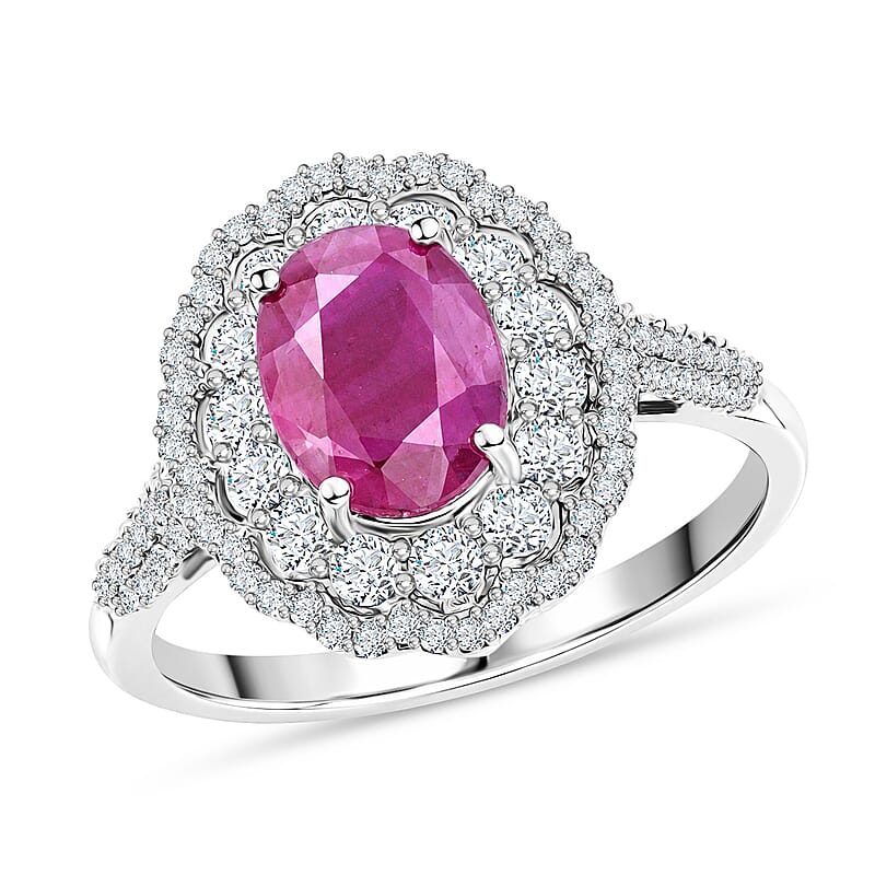 D'Joy Premium Natural Ruby and Moissanite 3.20 ctw Scarlet Halo Ring in Rhodium Over Sterling Silver (Size 5.0)