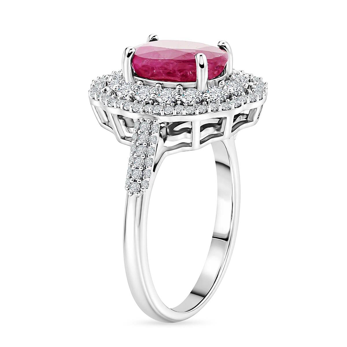 D'Joy Premium Natural Ruby and Moissanite 3.20 ctw Scarlet Halo Ring in Rhodium Over Sterling Silver (Size 5.0)
