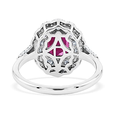 D'Joy Premium Natural Ruby and Moissanite 3.20 ctw Scarlet Halo Ring in Rhodium Over Sterling Silver (Size 5.0)