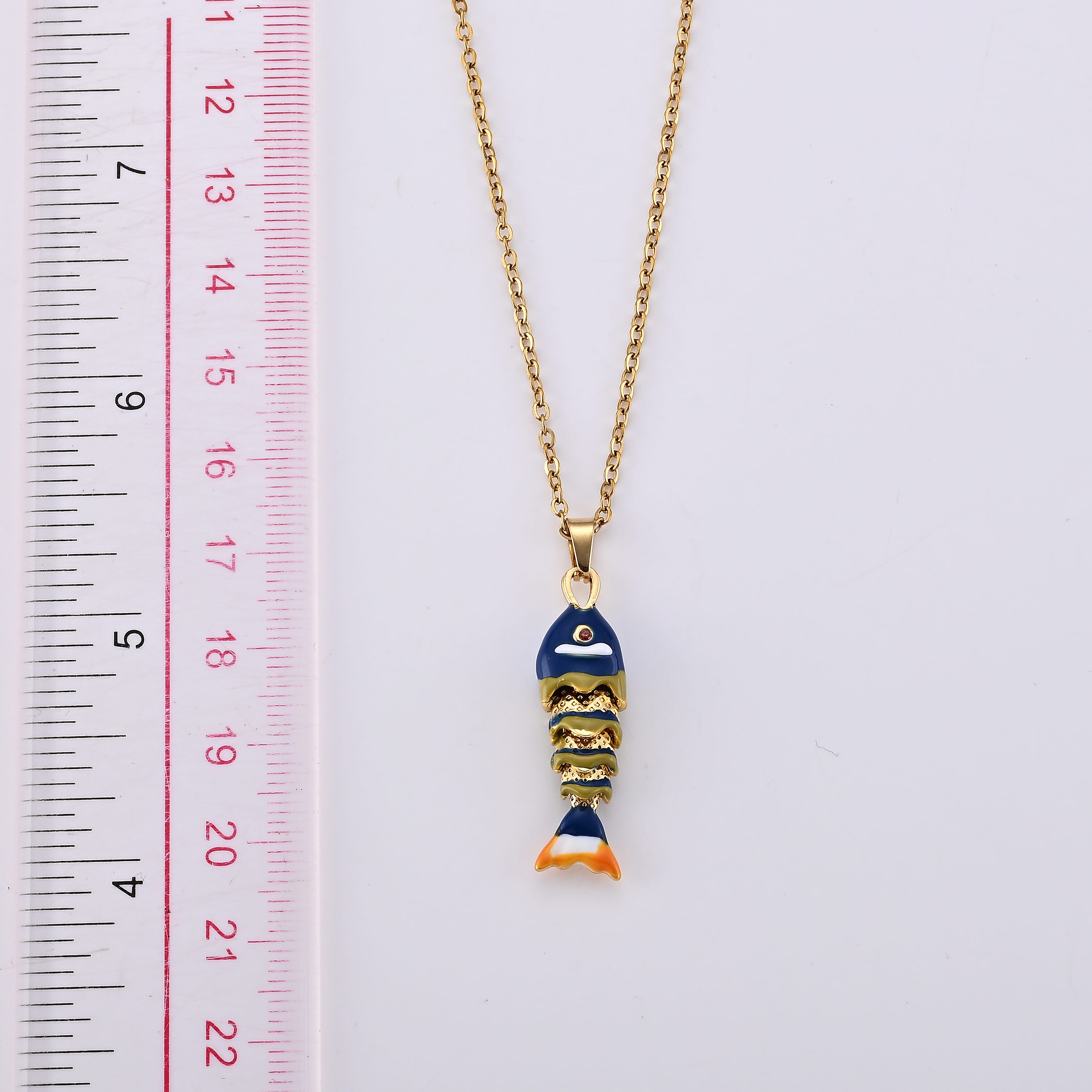 Orange Austrian Crystal and Enameled Fish Pendant Necklace (17.5-19.5Inches) in ION Plated YG Stainless Steel