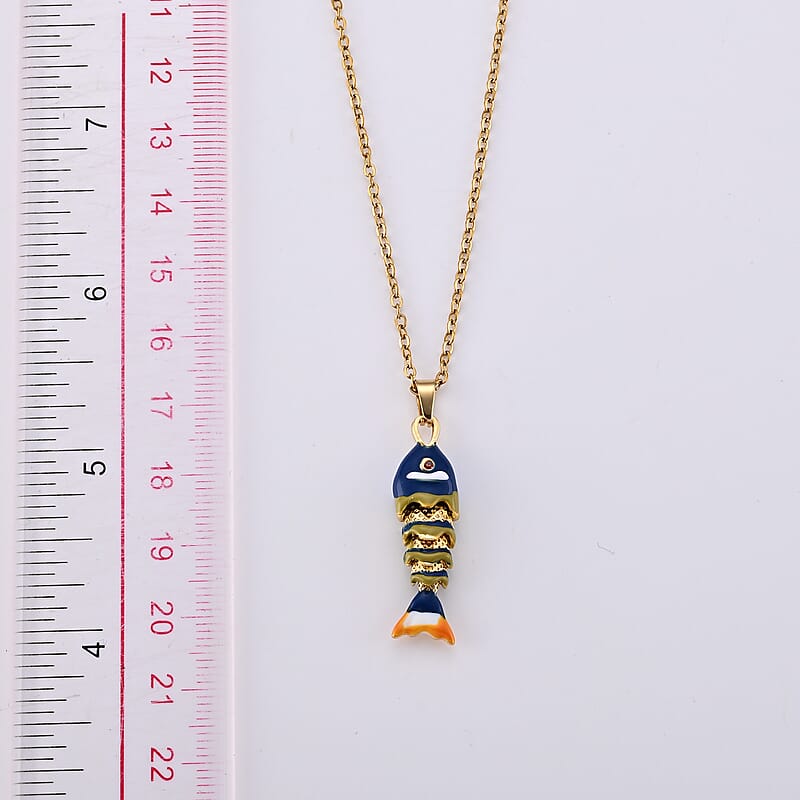 Orange Austrian Crystal and Enameled Fish Pendant Necklace (17.5-19.5Inches) in ION Plated YG Stainless Steel