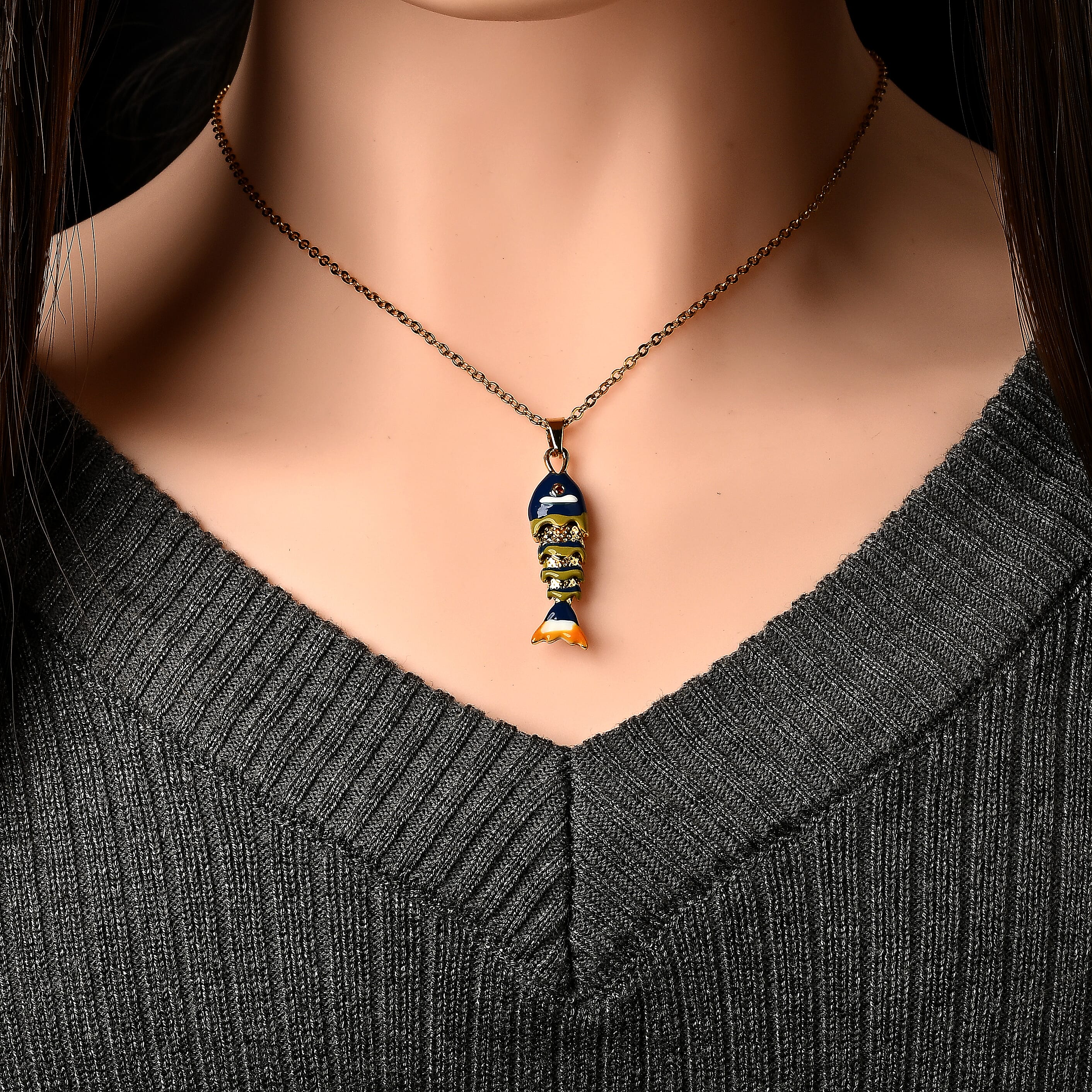 Orange Austrian Crystal and Enameled Fish Pendant Necklace (17.5-19.5Inches) in ION Plated YG Stainless Steel