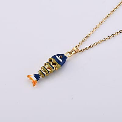Orange Austrian Crystal and Enameled Fish Pendant Necklace (17.5-19.5Inches) in ION Plated YG Stainless Steel
