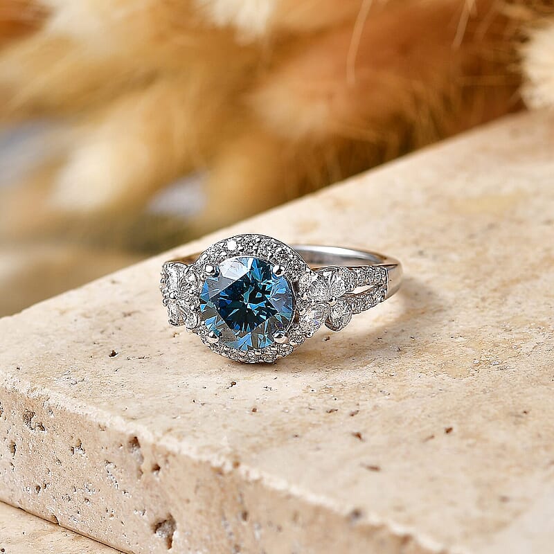 Luxuriant Lab Grown Blue Diamond IR and Lab Grown Diamond EF VS 2.75 ctw Ring in Rhodium Over Sterling Silver (Size 5.5)