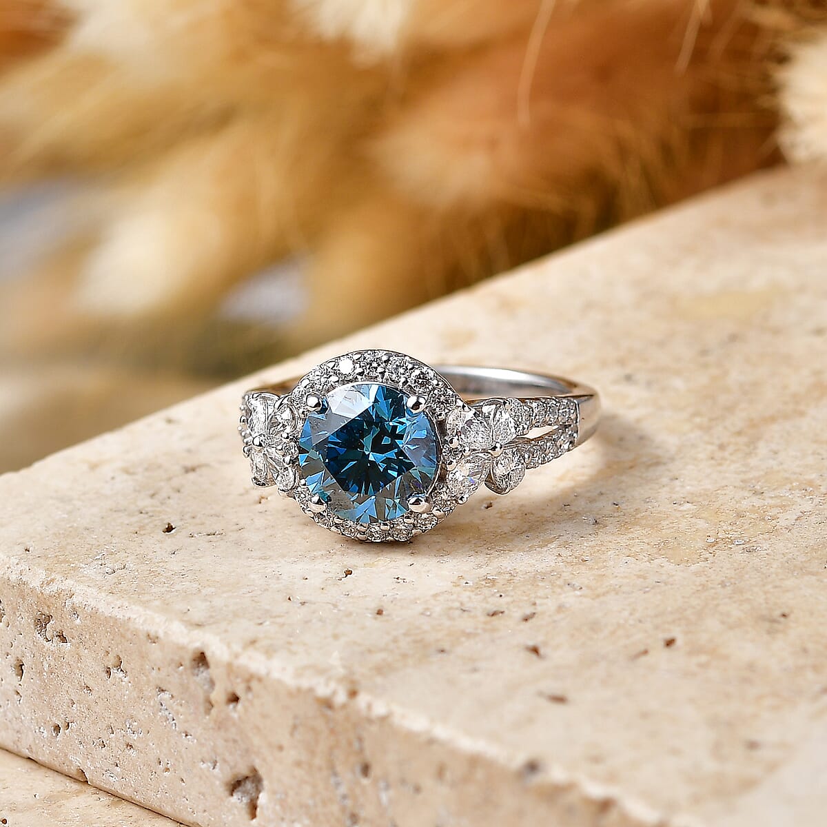 Luxuriant Lab Grown Blue Diamond IR and Lab Grown Diamond SI 2.75 ctw Ring in Rhodium Over Sterling Silver (Size 7.0) image number 1
