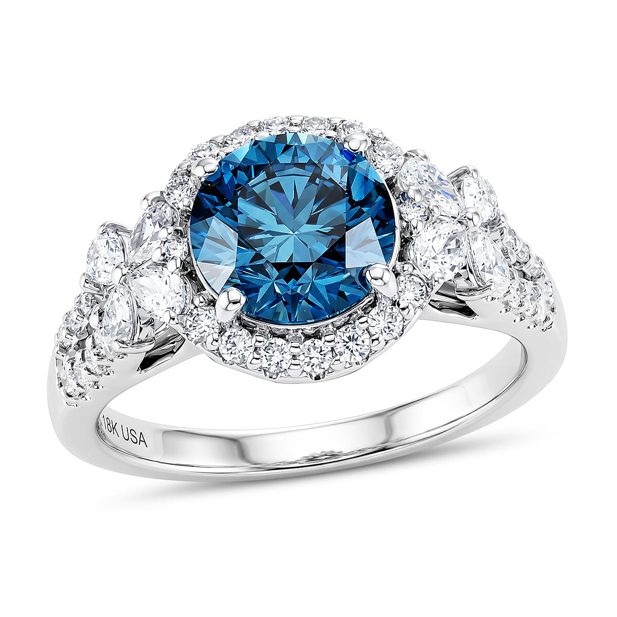 Luxuriant Lab Grown Blue Diamond (IR) and Lab Grown Diamond (SI) Ring in Rhodium Over Sterling Silver (Size 10.0) 2.75 ctw