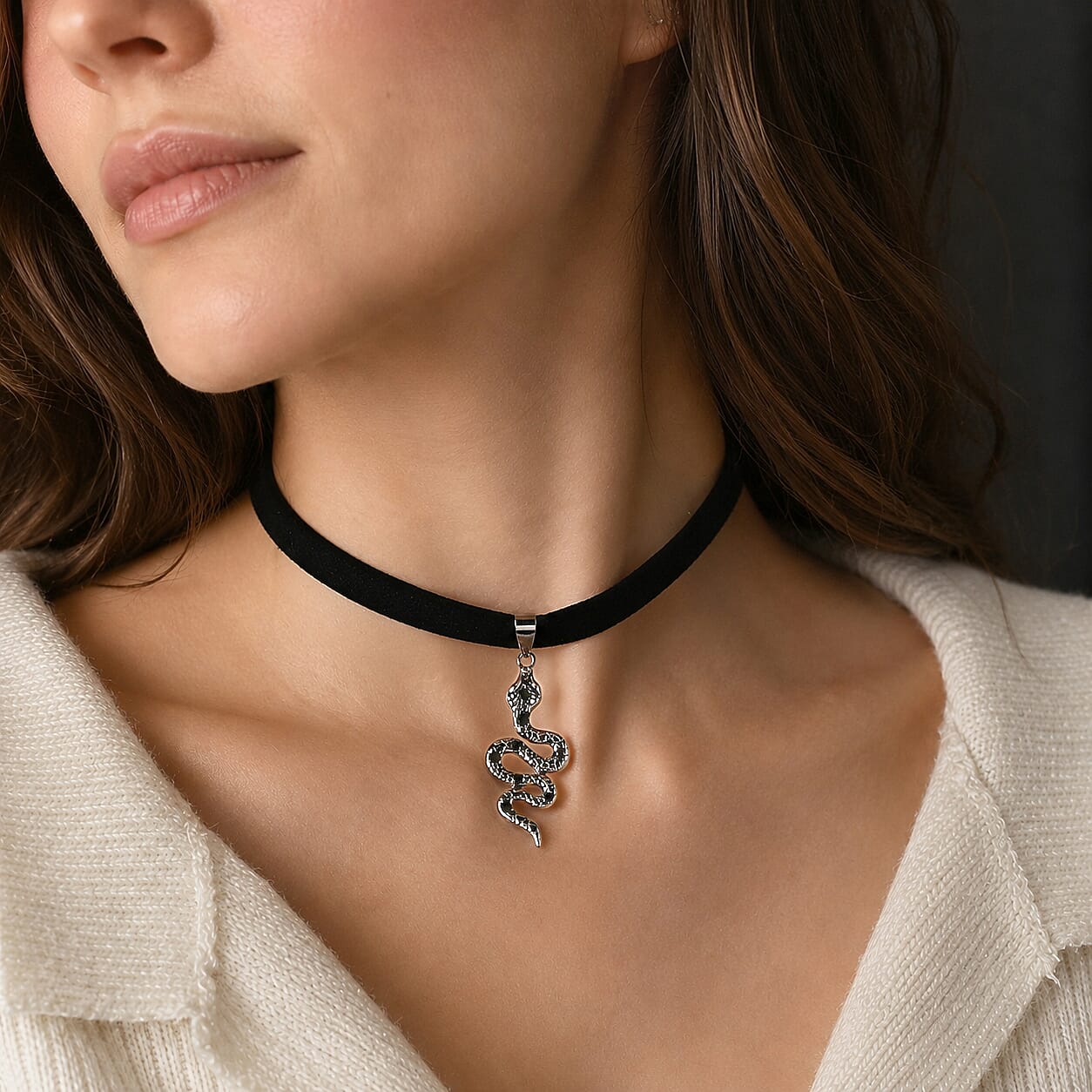 Austrian Black Crystal Chocker Serpent Pendant Necklace in ION Plated Black Stainless Steel 16-20 Inches