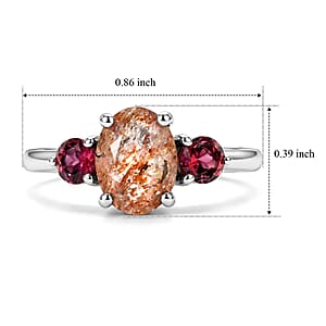 D'Joy Tanzanian Sunstone and Orissa Rose Garnet 1.60 ctw Ring in Rhodium Over Sterling Silver (Size 6.0)