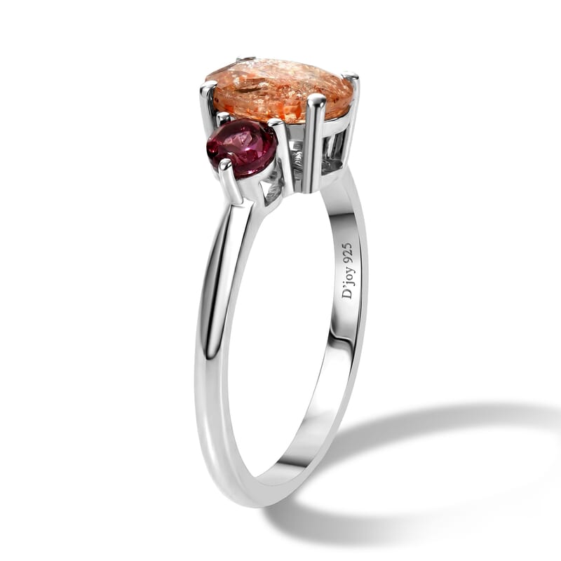 D'Joy Tanzanian Sunstone and Orissa Rose Garnet 1.60 ctw Ring in Rhodium Over Sterling Silver (Size 7.0)