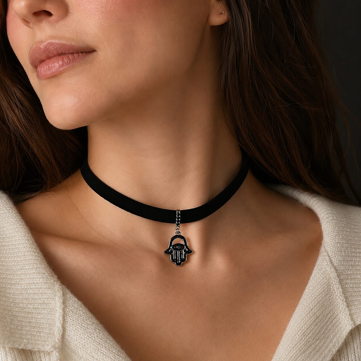 Austrian Black Crystal Chocker Hand Pendant Necklace in ION Plated Black Stainless Steel 16-20 Inches