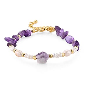 African Amethyst 15.00 ctw and Freshwater Pearl Bracelet in Goldtone (6.50-8.50In)