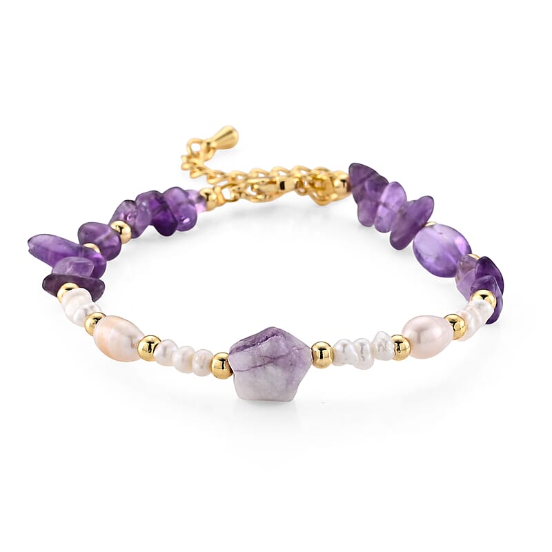 African Amethyst 15.00 ctw and Freshwater Pearl Bracelet in Goldtone (6.50-8.50In)