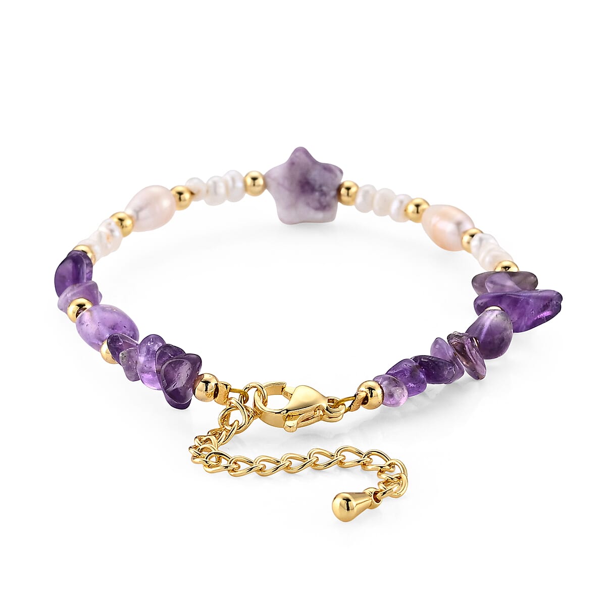 African Amethyst 15.00 ctw and Freshwater Pearl Bracelet in Goldtone (6.50-8.50In) image number 2