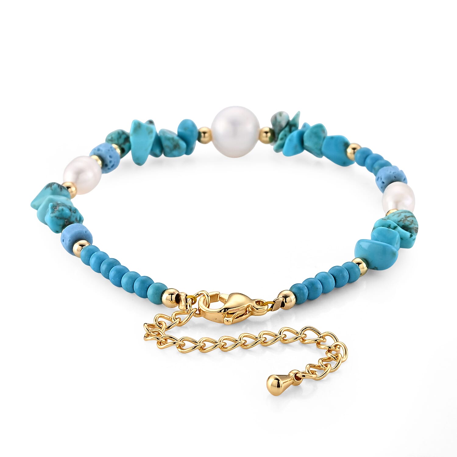 Turquoise 30.00 ctw and Freshwater Pearl Bracelet in Goldtone (6.50-8.50In)